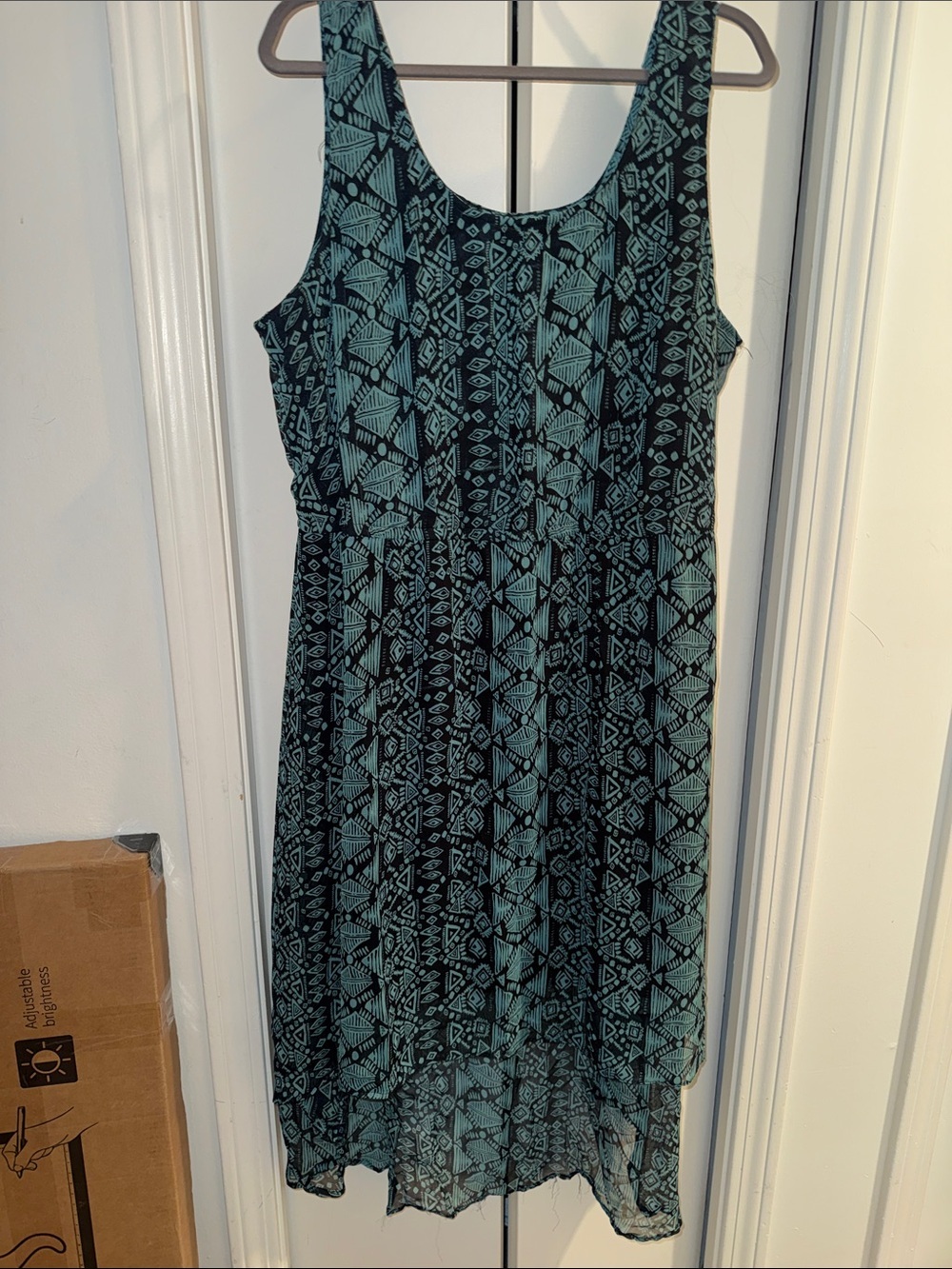 Sleeveless Teal and Black Patterned Women's Dress